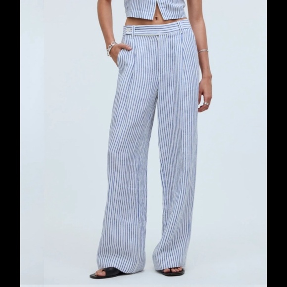 Madewell The Harlow Wide-Leg 100% Linen Coastal Sailor Striped Pants Sz 10 - Picture 2 of 13